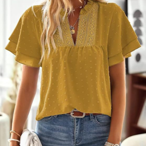 V Neck Short Sleeve Plain Regular Loose Blouse For Women, Blouses, color:Yellow|size:XXL, catalog Noracora shop