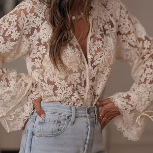 Long Sleeve Lace Lightweight Loose Blouse For Women, Blouses, color:Off White|size:XXL, catalog Noracora shop