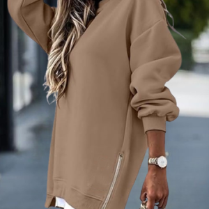 Women Plain Crew Neck Split Joint Casual Spring/Fall Long Sleeve Sweatshirt, JustFashionNow Sweatshirts & Hoodies, color:Khaki|size:XXL,
