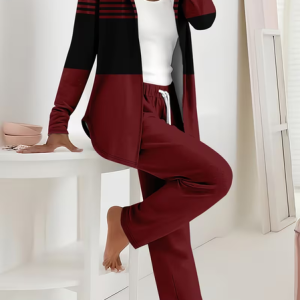 Women Striped Printing Two-Piece Set Daily Long Sleeve Casual Spring/Fall Coat With Pants Matching Set, Sets, color:Wine Red|size:XXL, catalog Noracora shop