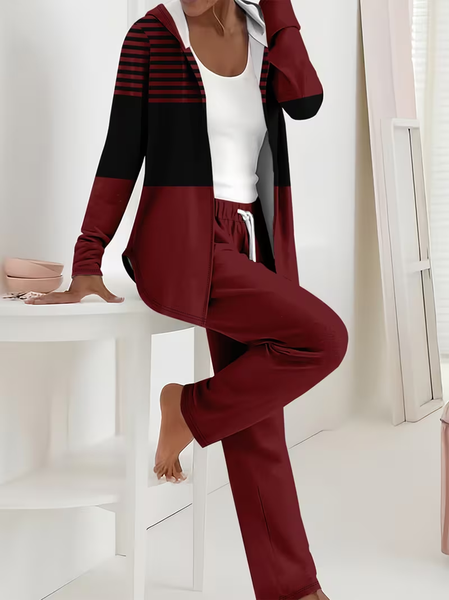 Women Striped Printing Two-Piece Set Daily Long Sleeve Casual Spring/Fall Coat With Pants Matching Set, JustFashionNow Suit Set, color:Wine Red|size:XXL,