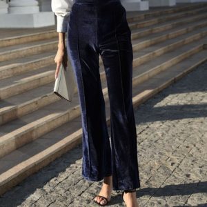 Women Plain Long Elastic Waist Pants Vintage Spring/Fall Trousers, JustFashionNow Pants, color:Navyblue|size:XXL,