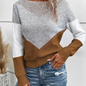 Geometric Elegant Crew Neck Loose Knit Top, T-shirts, color:Deep Brown|size:XL, catalog Noracora shop