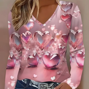 Casual Heart/Cordate V Neck Long Sleeve T-shirt, T-shirts, color:Pink|size:XXL, catalog Noracora shop