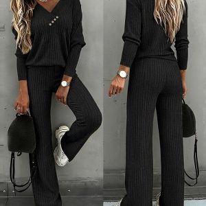 2 Pieces Outfit Button Decor V-Neck Long Sleeve Top and Elastic Waist Straight Leg Pants Set Casual Ribbed Set, women Two-piece Sets, ChicMe catalog