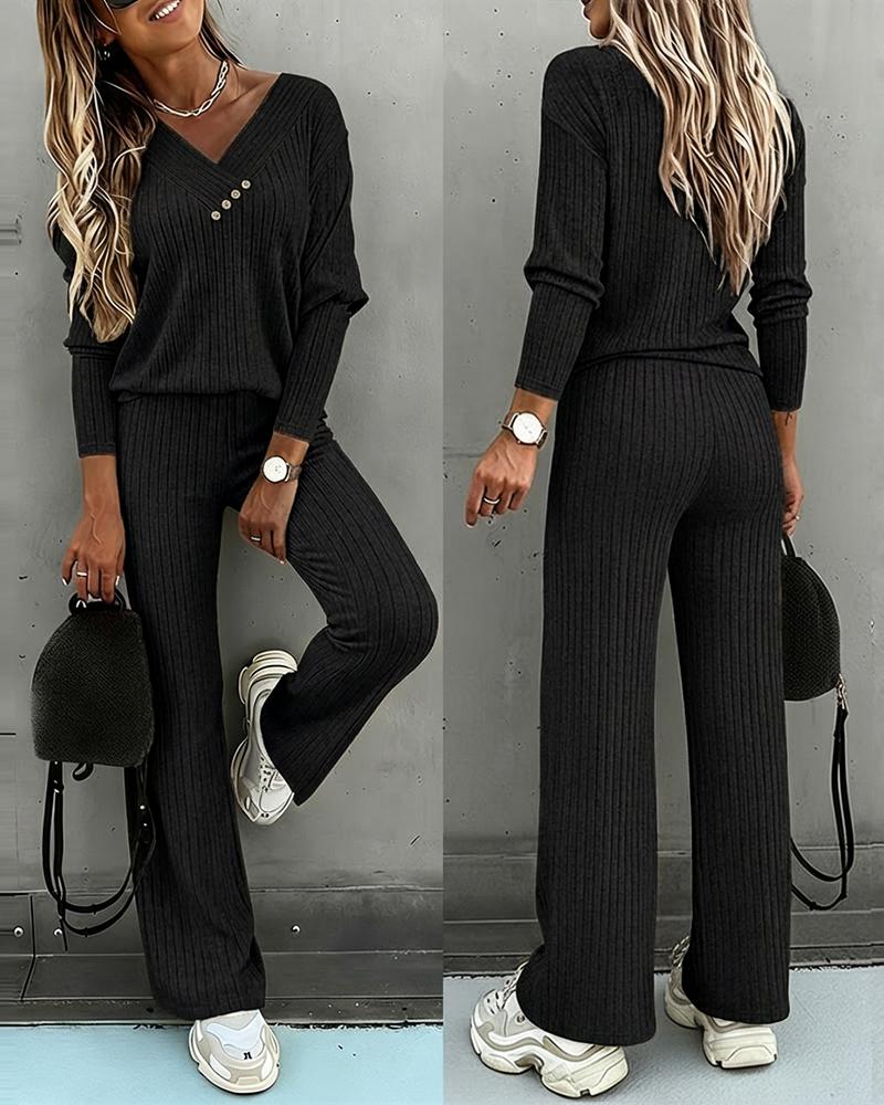 2 Pieces Outfit Button Decor V-Neck Long Sleeve Top and Elastic Waist Straight Leg Pants Set Casual Ribbed Set, women Two-piece Sets, ChicMe catalog