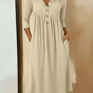 Women Plain Half Sleeve Summer Dress Half Open Collar Holiday Vintage Maxi A-Line Dress, JustFashionNow Casual Dresses, color:Apricot|size:5XL,