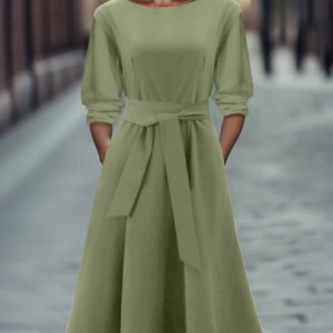 Women Plain Spring/Fall Dress Crew Neck Long Sleeve A-Line Dress, Dresses, color:Green|size:3XL, catalog Noracora shop