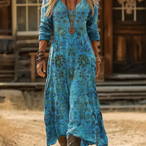 Women Floral Long Sleeve Spring/Fall Printing Dress V Neck Daily Vintage Maxi H-Line Dress, JustFashionNow Casual Dresses, color:Blue|size:5XL,