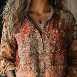 Shawl Collar Long Sleeve Ethnic Buttons Regular Micro-Elasticity Loose Shirt For Women, Shirts, color:As Picture|size:4XL, catalog Noracora shop