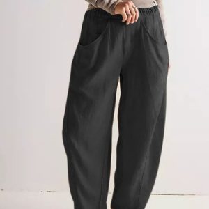 Women Plain Long Pants Casual Spring/Fall Trousers, JustFashionNow Pants, color:Black|size:3XL