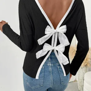 Sexy Multicolor Block Crew Neck Long Sleeve T-shirt, T-shirts, color:Black|size:XL, catalog Noracora shop