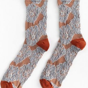 3d Jacquard Embroidered Sweet Pleated Floral Pattern Retro Color-blocked Slouch Socks, JustFashionNow Socks, color:Orange Red|size:One-size,