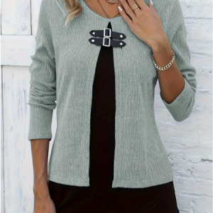 Crew Neck Long Sleeve Color Block Regular Loose Blouse For Women, Blouses, color:Green|size:XXL, catalog Noracora shop