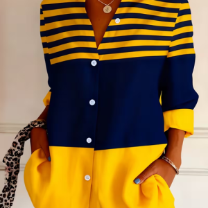 Women Abstract Long Sleeve Shirt Spring/Fall Buckle Shirt Collar Regular Sleeve Daily Casual Top, JustFashionNow Shirts, color:Yellow|size:XXL,