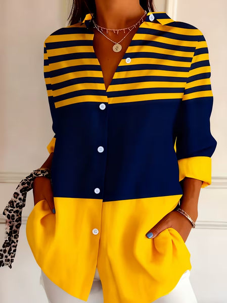 Women Abstract Long Sleeve Shirt Spring/Fall Buckle Shirt Collar Regular Sleeve Daily Casual Top, JustFashionNow Shirts, color:Yellow|size:XXL,