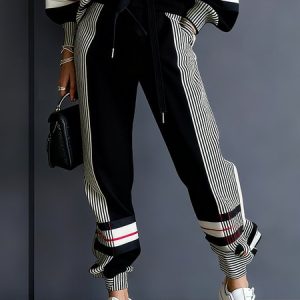 Casual Colorblock Ankle Cuffed Pants, Pants, color:Black|size:XXL, Stylewe