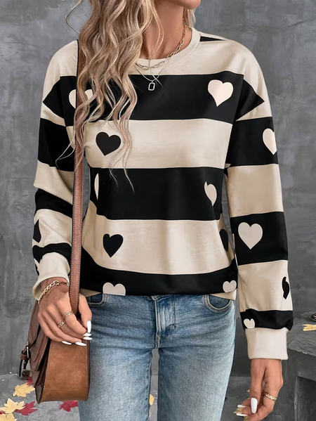 Women Striped Crew Neck Printing Casual Spring/Fall Long Sleeve Sweatshirt, JustFashionNow Sweatshirts & Hoodies, color:Apricot|size:XXL,