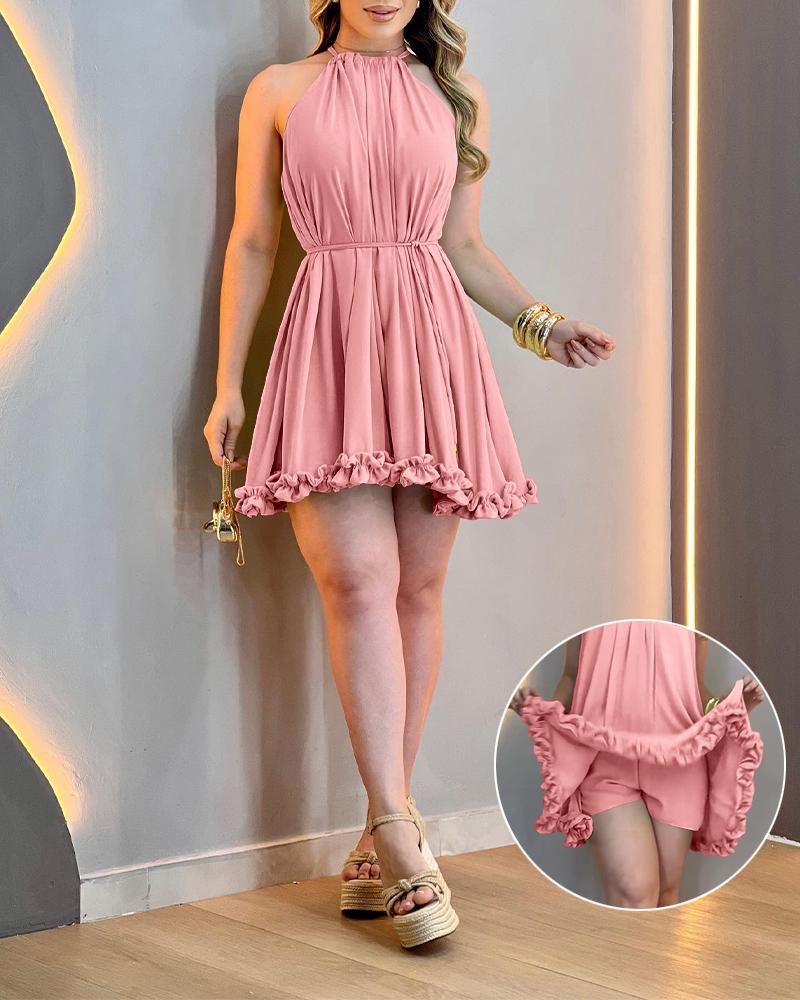 Halter Tie Sleeveless Ruffles Trim Party Dress Casual Hollow-out Back Tie Waist Ruched Vacation Skorts, women Casual Dresses, ChicMe catalog - Image 3