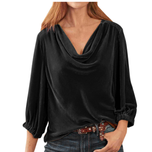 Cowl Neck Three Quarter Sleeve Plain Regular Loose Blouse For Women, Blouses, color:Black|size:4XL, catalog Noracora shop