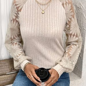 Elegant Lace Crew Neck Long Sleeve T-shirt, T-shirts, color:Apricot|size:XXL, catalog Noracora shop