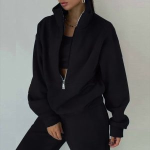 Women Plain Two-Piece Set Daily Long Sleeve Casual Spring/Fall Top With Pants Matching Set, Sets, color:Black|size:3XL, catalog Noracora shop