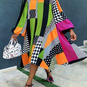 Casual Abstract Graphic Balloon Sleeve Printing Shirt Collar Knee Length Dress, Maxi Dresses, color:As Picture|size:XXL, Stylewe