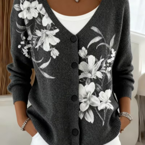 Women Floral Long Sleeve V Neck Casual Spring/Fall Cardigan Outerwear, JustFashionNow Cardigans, color:Deep Gray|size:5XL,