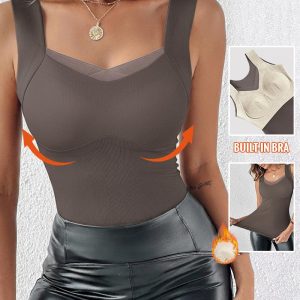 Sheer Mesh Spliced V Neck Sleeveless Built In Bra Tank Casual Warm Fleece Lined Slim Fit Top, women Tanks & Crop Tops, ChicMe catalog