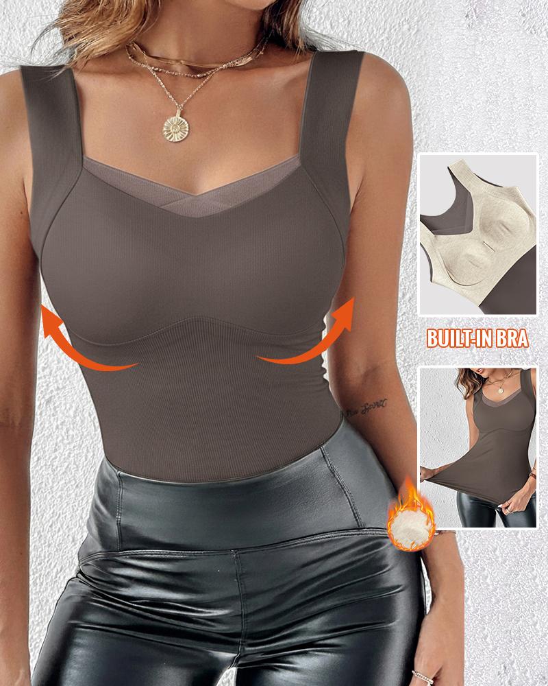 Sheer Mesh Spliced V Neck Sleeveless Built In Bra Tank Casual Warm Fleece Lined Slim Fit Top, women Tanks & Crop Tops, ChicMe catalog