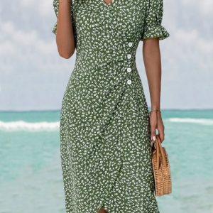Women Vacation Floral Print V Neck Button Dress, Midi, color:Green|size:XXL, catalog Noracora shop
