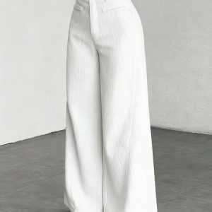 Women Plain Long Elastic Waist Pants Casual Spring/Fall Trousers, JustFashionNow Pants, color:White|size:XL,