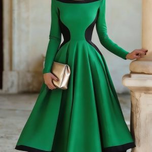 Elegant Color Block Split Joint Boat Neck Party Midi Dress, Cocktail Dresses, color:Black-green|size:XXL, Stylewe