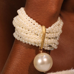 Multi-layered beaded artificial crystal bracelet with large pearl pendant., Bracelets, color:White|size:One-size, Stylewe