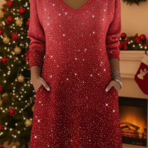 Women Ombre Spring/Fall Printing Dress V Neck Long Sleeve T-Shirt Dress H-Line Dress, Dresses, color:Red|size:XXL, catalog Noracora shop