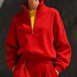 Casual Plain Zipper Half Open Collar Sweatshirt, Hoodies and Sweatshirts, color:Red|size:XXL, Stylewe