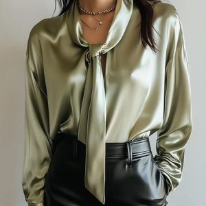 Satin Elegant Plain Tie V Neck Blouse, Blouses and Shirts, color:Green|size:XXL, Stylewe