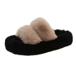 Casual Color Block Double Strap Fluffy Slippers, Slippers, color:Khaki|size:42, catalog Noracora shop