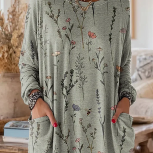 Women Floral Long Sleeve Tee T-shirt Crew Neck Printing Vintage Spring/Fall Top, JustFashionNow T-Shirts, color:Green|size:5XL,