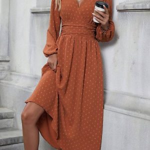 Women Floral Balloon Sleeve Spring/Fall Dress V Neck Long Sleeve A-Line Dress, Dresses, color:Brick Red|size:XXL, catalog Noracora shop