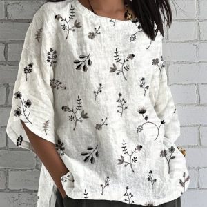 Crew Neck Half Sleeve Floral Lightweight Loose Shirt For Women, T-shirts, color:White|size:XXL, catalog Noracora shop