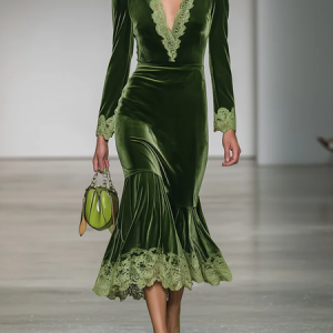 Elegant Plain V Neck Dress, Midi Dresses, color:Green|size:XXL, Stylewe