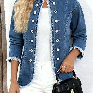 Women Spring/Fall Outerwear Vintage Plain Long Sleeve Mock Neck Jacket, Jackets, color:Blue|size:XXL, catalog Noracora shop