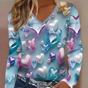 Women Heart/Cordate Long Sleeve Tee T-shirt V Neck Printing Casual Spring/Fall Graphic Tee Top, JustFashionNow T-Shirts, color:Blue|size:XXL
