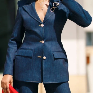 Casual Buttoned Plain Lapel Collar Denim Coat With Brooch, Jackets, color:Blue|size:XXL, Stylewe