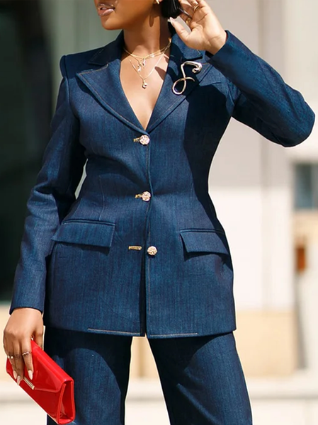 Casual Buttoned Plain Lapel Collar Denim Coat With Brooch, Jackets, color:Blue|size:XXL, Stylewe
