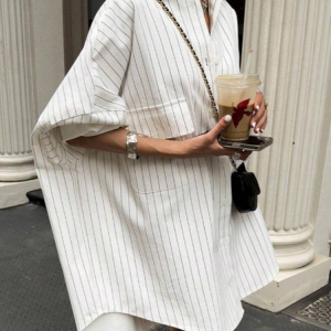 Urban Striped Buttoned  Knee Length Dress, Mini Dresses, color:White|size:XXL, Stylewe
