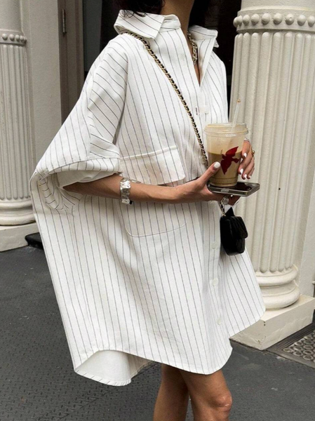 Urban Striped Buttoned Knee Length Dress, Mini Dresses, color:White|size:XXL, Stylewe