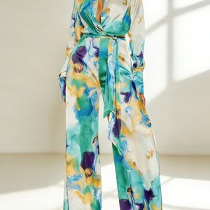 Casual Random Print Shawl Collar Jumpsuit With Belt, Jumpsuits, color:Green|size:XXL, Stylewe