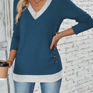 Elegant Multicolor Block V Neck Long Sleeve T-shirt, T-shirts, color:Blue|size:XXL, catalog Noracora shop